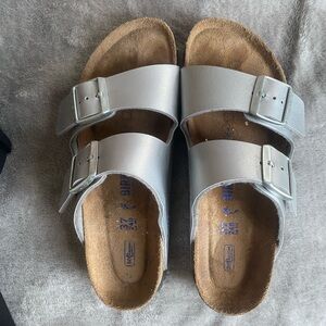 Birkenstock Silver Double-Strap Sandals big buckle. Sz 37